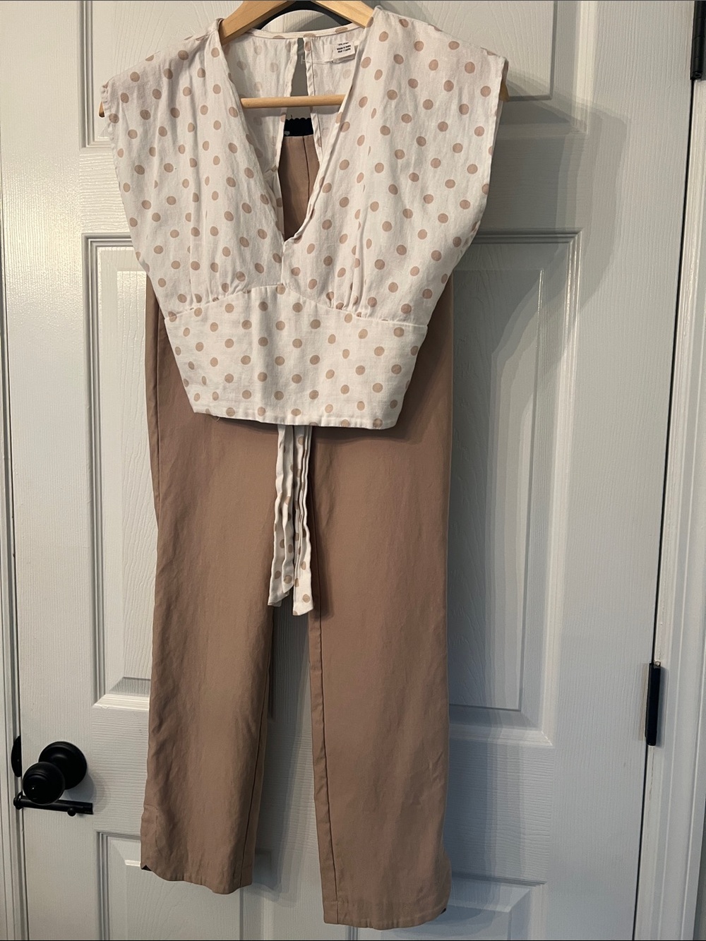 Elle Taupe-Beige Trousers and Japna Polka Dot Tie Back Linen Top